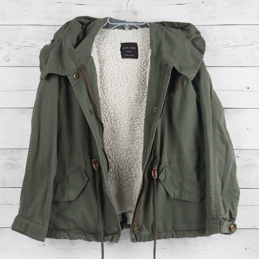Love Tree Women's Hooded Utility Olive Green Jacket Size Medium - Picture 2 of 9